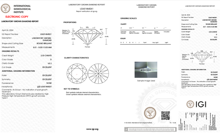 Diamant cultivé en laboratoire, taille ronde, certifié IGI, 2,03 ct, clarté VS2, couleur D