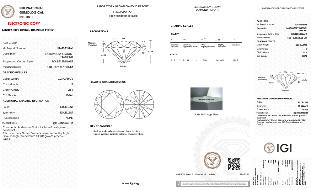 Diamant cultivé en laboratoire de taille ronde certifié IGI de 2,03 ct - Clarté VS1, couleur E