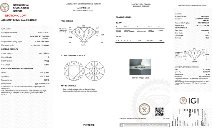 Diamant cultivé en laboratoire de 2,03 ct certifié IGI - Clarté VVS2, couleur F