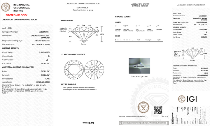 Diamant cultivé en laboratoire, taille ronde, certifié IGI, 2,03 ct, clarté VS1, couleur D