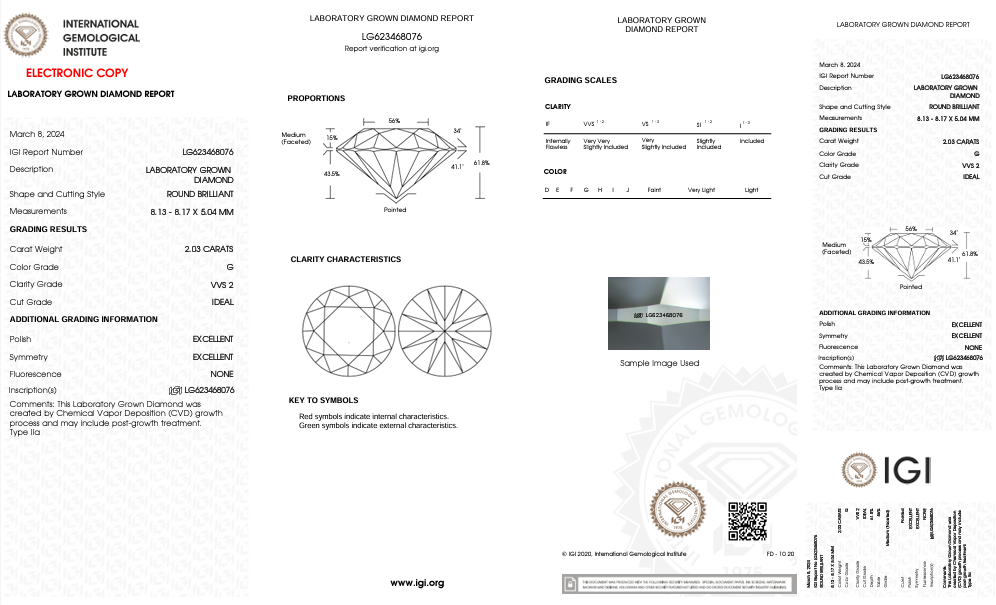 Diamant cultivé en laboratoire, taille ronde, certifié IGI, 2,03 ct, clarté VVS2, couleur G