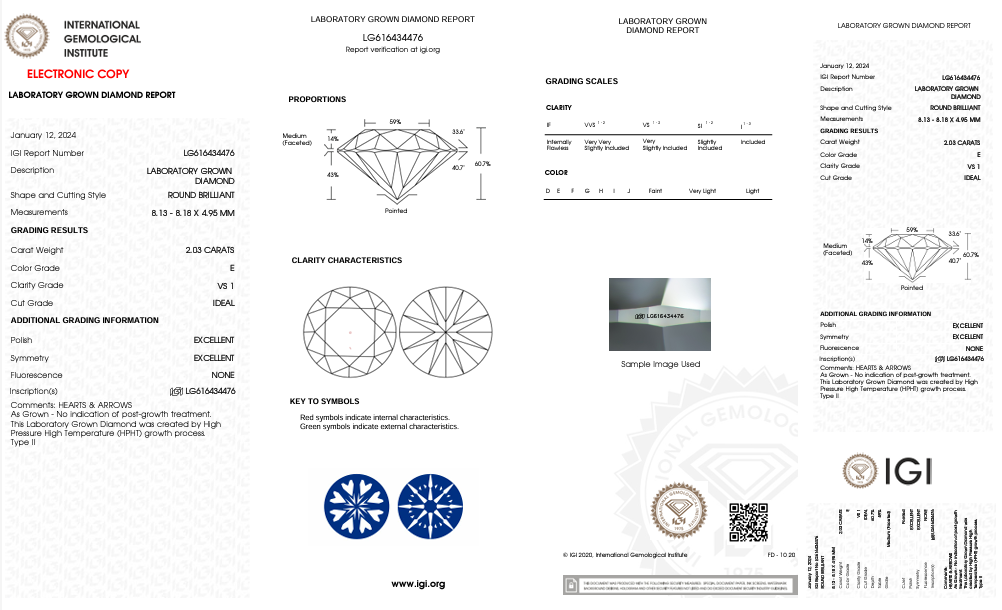 Diamant cultivé en laboratoire de taille ronde certifié IGI de 2,03 ct - Clarté VS1, couleur E