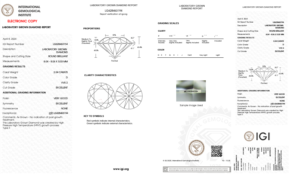 Diamant cultivé en laboratoire, taille ronde, certifié IGI, 2,04 ct, clarté VVS2, couleur D 