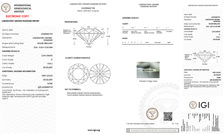 Diamant cultivé en laboratoire, taille ronde, certifié IGI, 2,04 ct, clarté VVS2, couleur D 