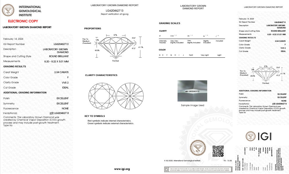 Diamant cultivé en laboratoire de taille ronde de 2,04 ct certifié IGI - Clarté VVS2, couleur F 