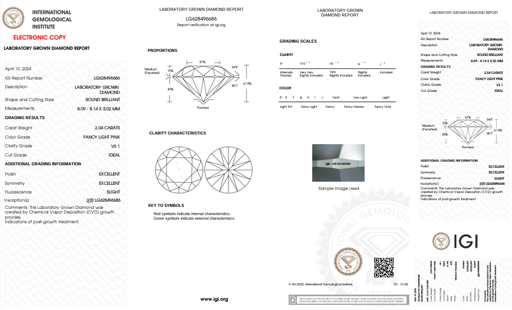 IGI Certified 2.04 CT Round Cut Lab Grown Diamond, VS1 Clarity, Fancy Light Pink Color