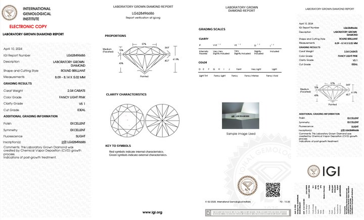 IGI Certified 2.04 CT Round Cut Lab Grown Diamond, VS1 Clarity, Fancy Light Pink Color