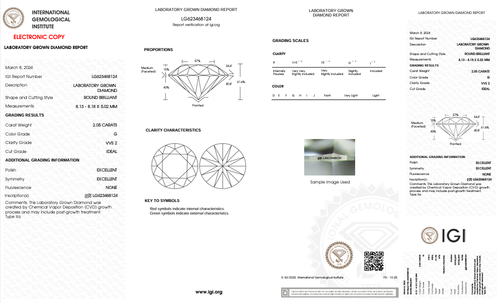 Diamant cultivé en laboratoire de 2,05 ct certifié IGI, pureté VVS2, couleur G