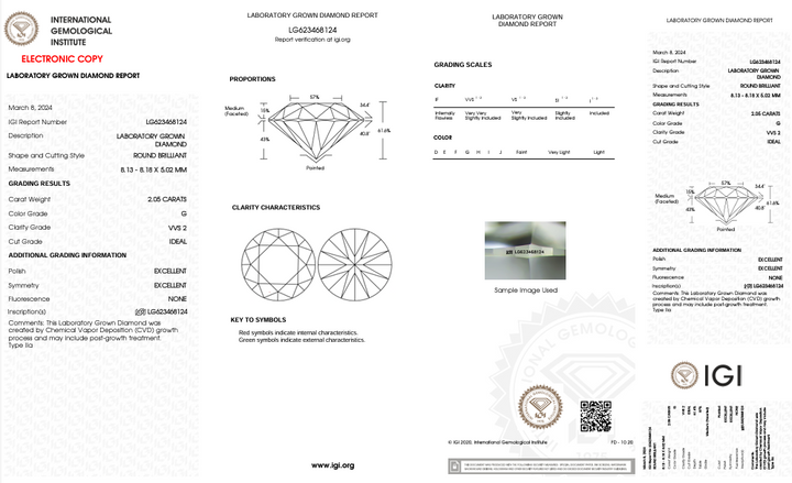 Diamant cultivé en laboratoire de 2,05 ct certifié IGI, pureté VVS2, couleur G