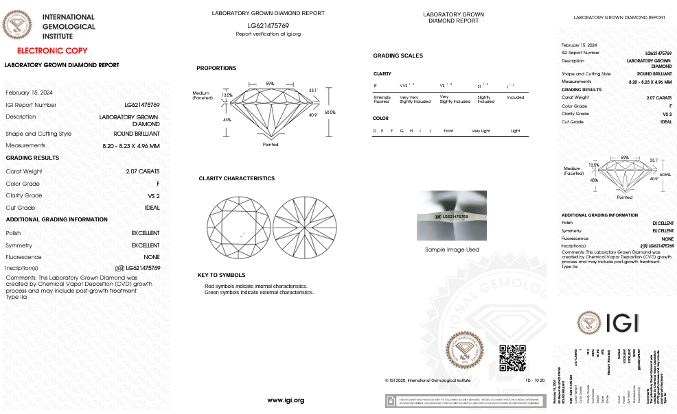 Diamant cultivé en laboratoire de couleur VS2/F de 2,07 ct certifié IGI