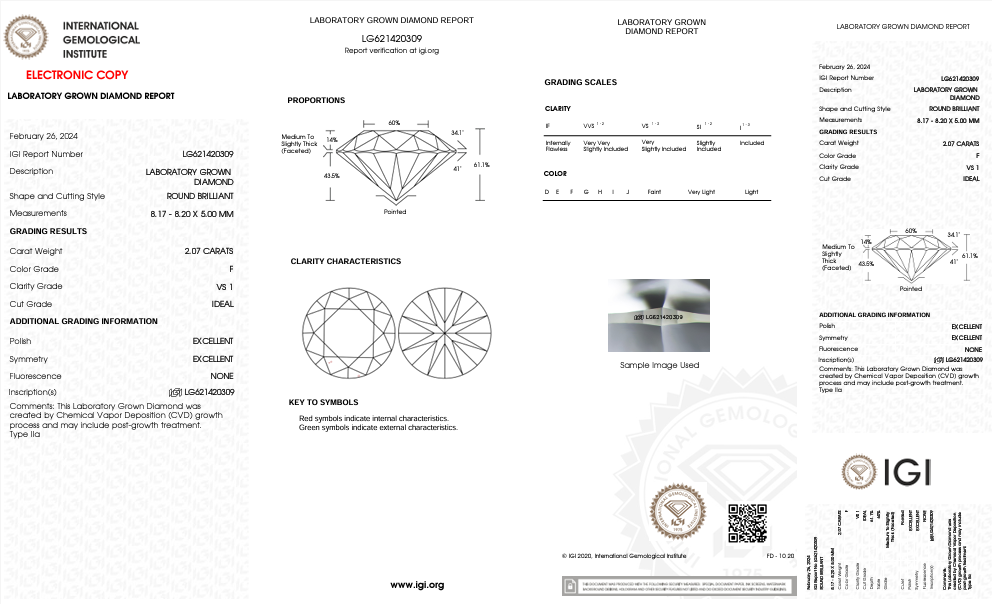 Diamant cultivé en laboratoire de couleur VS1/F de 2,07 ct certifié IGI