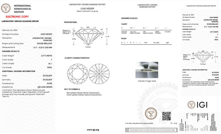 Diamant cultivé en laboratoire de couleur VS1/F de 2,07 ct certifié IGI