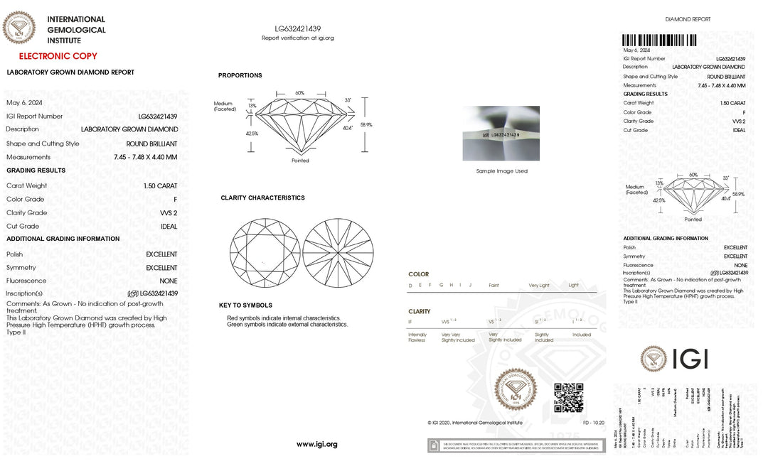 Diamant cultivé en laboratoire de taille ronde de 1,50 ct certifié IGI - Couleur F, clarté VVS2