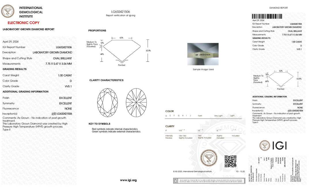 IGI Certified 1.00 CT Oval Lab Grown Diamond - VVS1, D Color