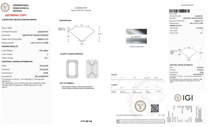 IGI-zertifizierter, im Labor gezüchteter Diamant im Smaragdschliff, 1,00 Karat, Farbe F, Reinheit VS1