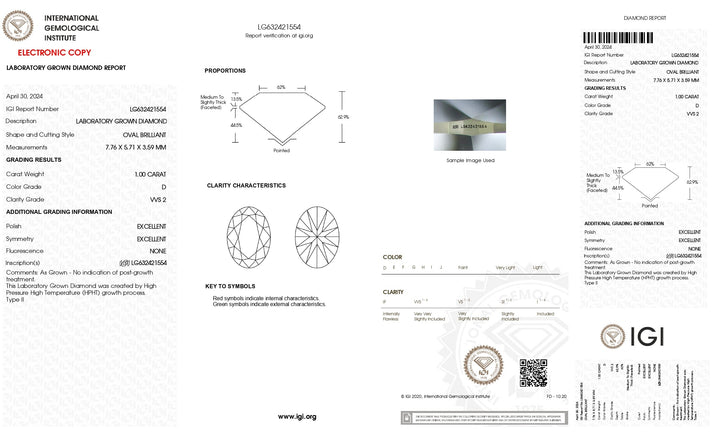 Diamant ovale cultivé en laboratoire certifié IGI de 1,00 CT - Couleur D, clarté VVS2