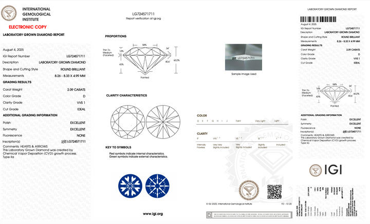2.09 Carat Round Lab Grown Diamond, D Color, VVS1 Clarity, IGI Certified