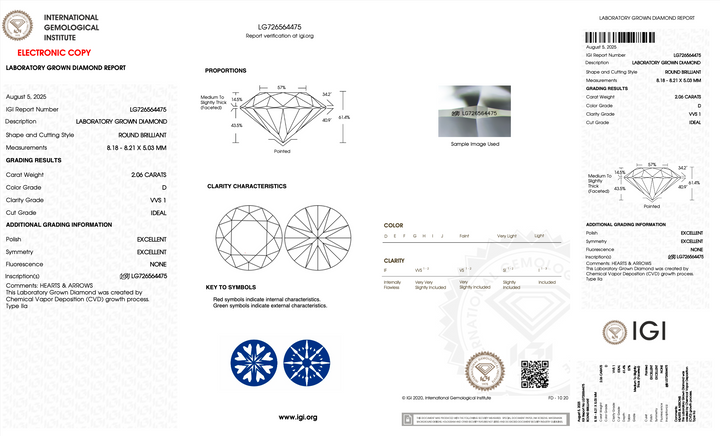 2.06 Carat Round Lab Grown Diamond, D Color, VVS1 Clarity, IGI Certified