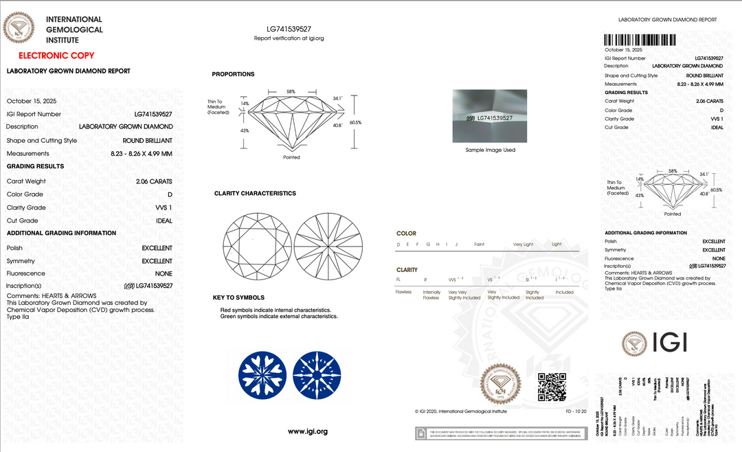 2.06 Carat Round Lab Grown Diamond, D Color, VVS1 Clarity, IGI Certified