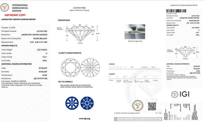 2.09 Carat Round Lab Grown Diamond, D Color, VVS1 Clarity, IGI Certified