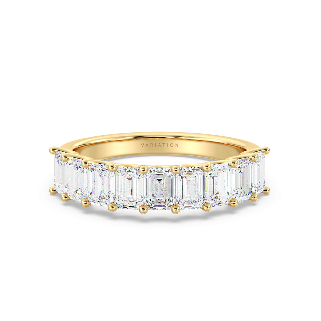 Lab-Grown Diamond Emerald Scallop Half Eternity Wedding Ring in 18K Yellow Gold with 9 emerald-cut diamonds set in a low-profile shared prong setting