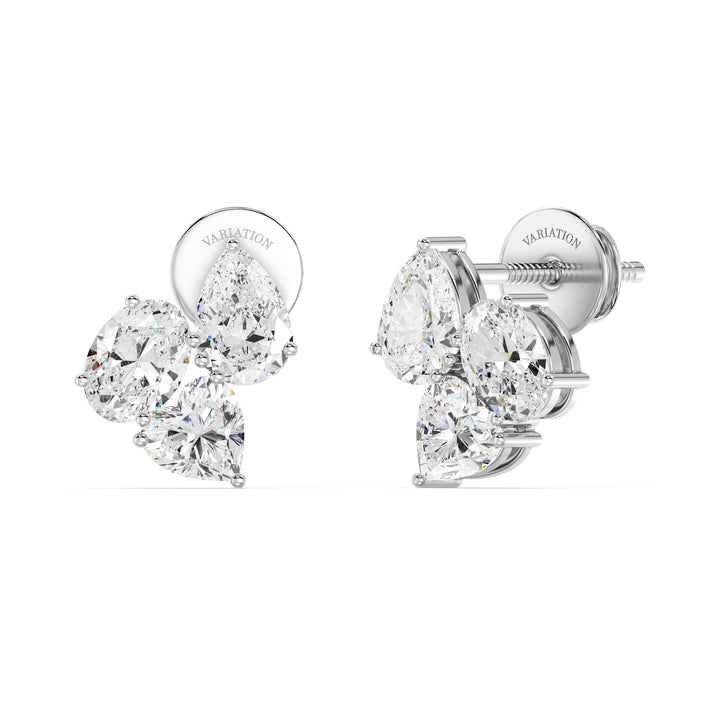 Nebula Flower Lab-Grown Diamond Stud Earrings in 18K White Gold showcasing heart, pear, and oval-cut EF/VS diamonds in a modern floral design