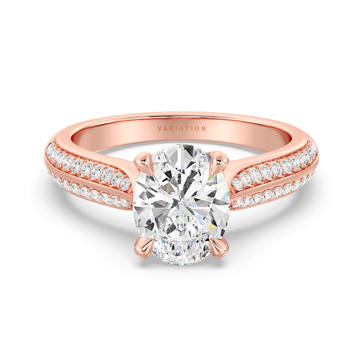 Oval Cut Lab-Grown Diamond Engagement Ring with Pavé Band in 18K Rose Gold, showcasing a brilliant Oval center stone in a 4-claw setting and 72 round side diamonds