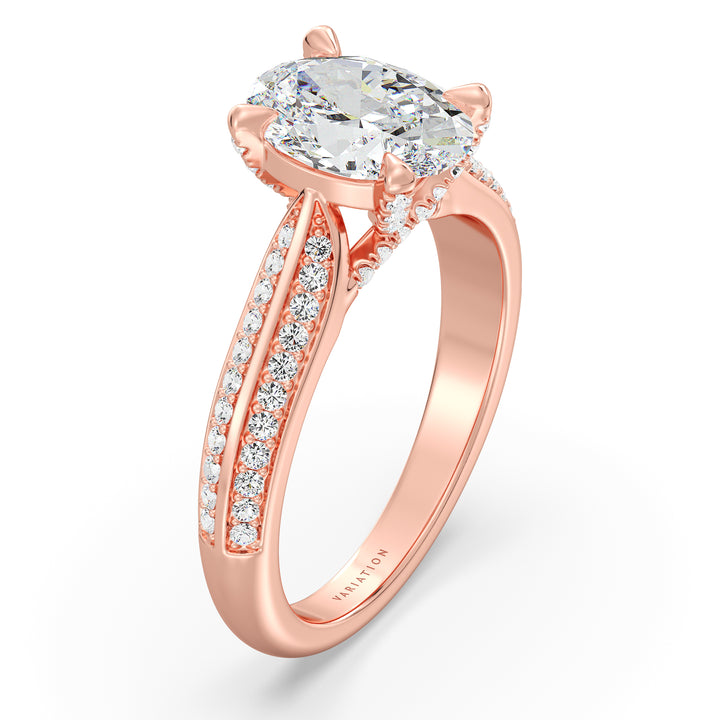 Oval Cut Lab-Grown Diamond Engagement Ring with Pavé Band in 18K Rose Gold, showcasing a brilliant Oval center stone in a 4-claw setting and 72 round side diamonds