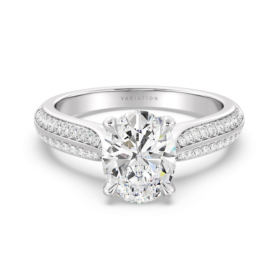 Oval Cut Lab-Grown Diamond Engagement Ring with Pavé Band in 18K White Gold, highlighted by an elegant Oval center stone in a 4-claw setting and 72 round side diamonds