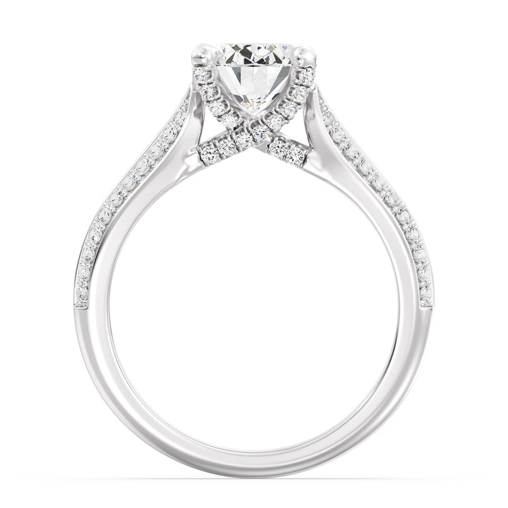 Oval Cut Lab-Grown Diamond Engagement Ring with Pavé Band in 18K White Gold, highlighted by an elegant Oval center stone in a 4-claw setting and 72 round side diamonds