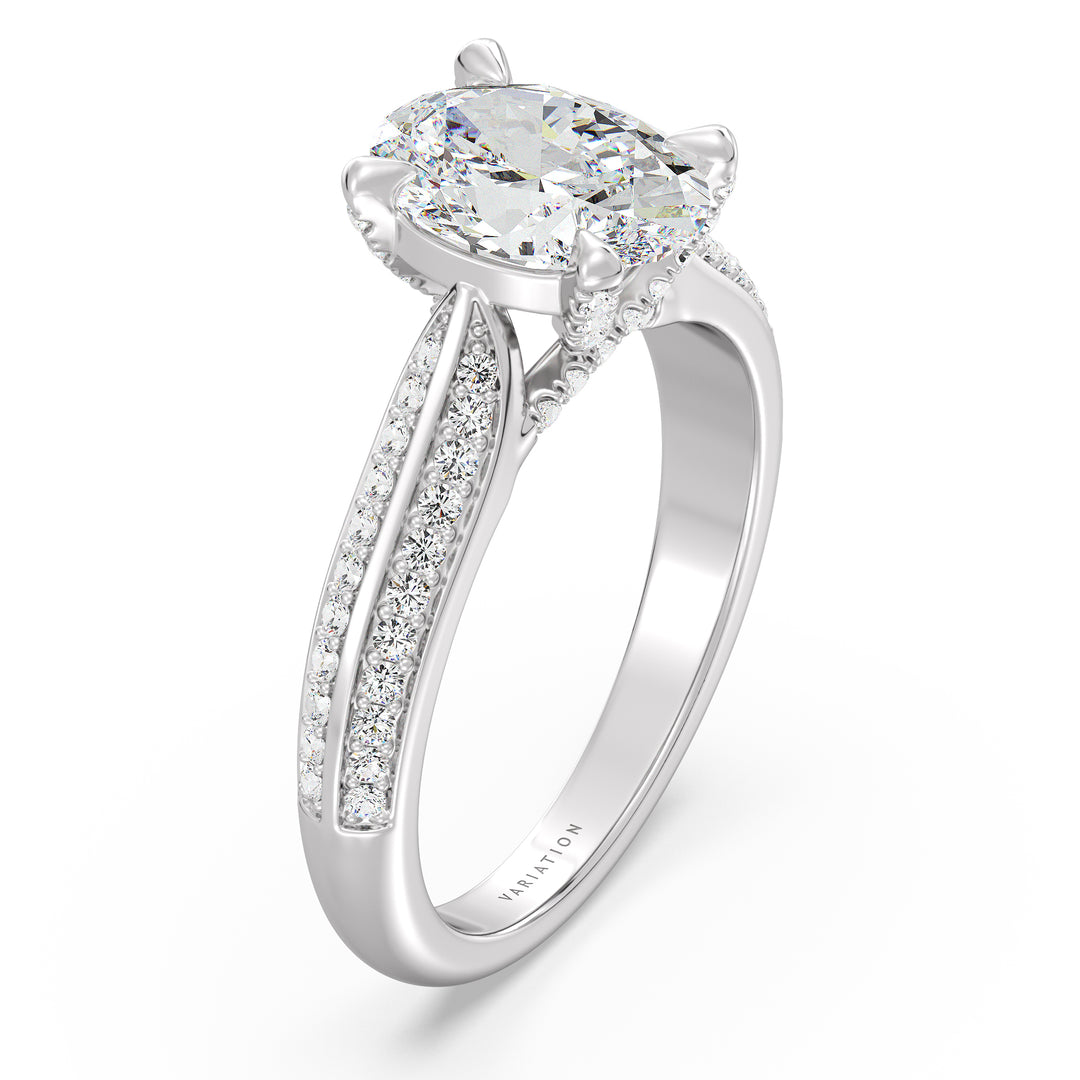 Oval Cut Lab-Grown Diamond Engagement Ring with Pavé Band in 18K White Gold, highlighted by an elegant Oval center stone in a 4-claw setting and 72 round side diamonds