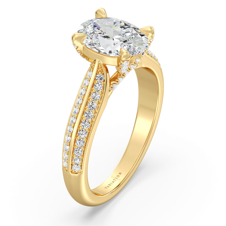 Oval Cut Lab-Grown Diamond Engagement Ring with Pavé Band in 18K Yellow Gold, featuring a striking Oval center stone in a 4-claw setting and 72 round side diamonds