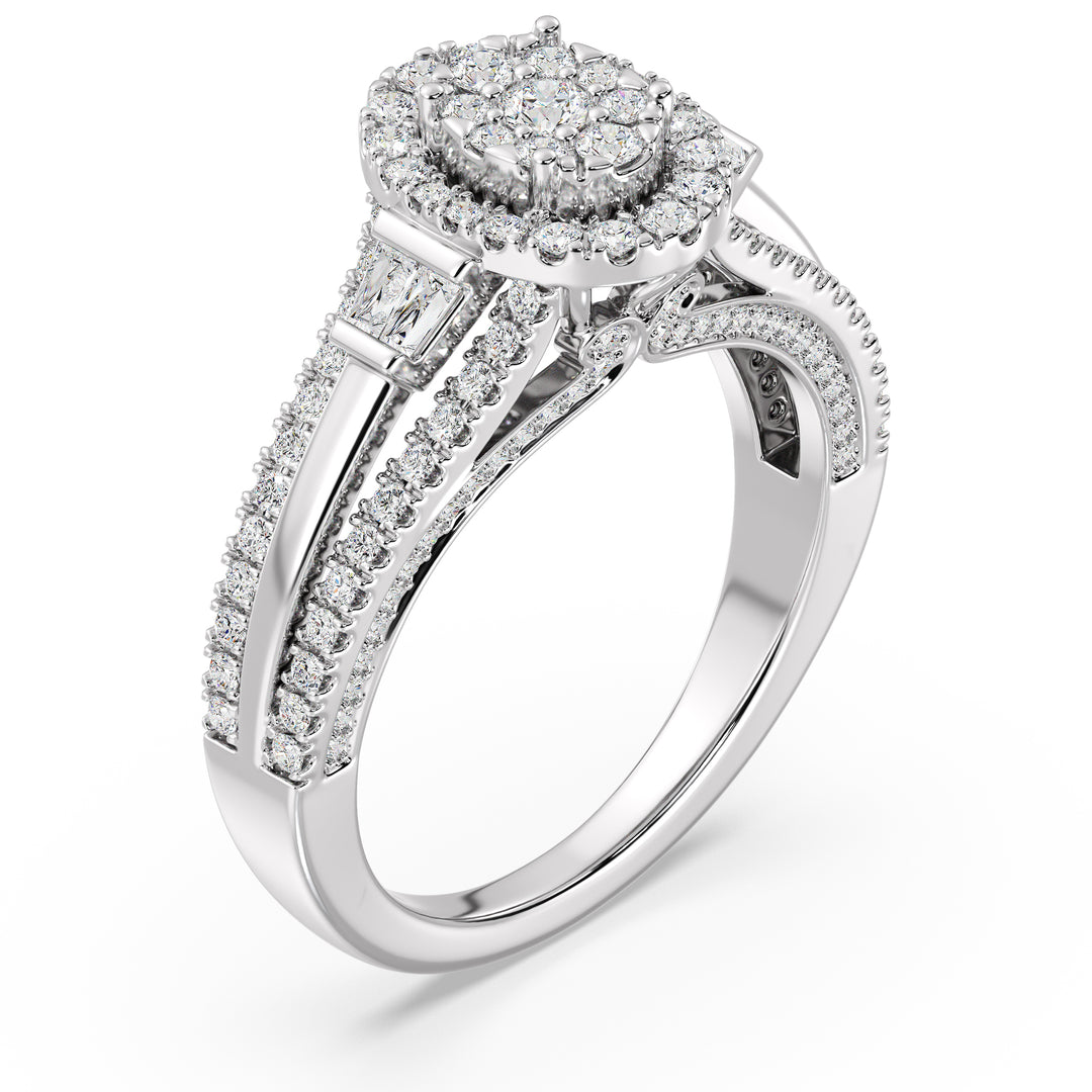 Oval halo split shank engagement ring with 1.29CTTW EF-VS lab-grown diamonds, set in 18K white gold