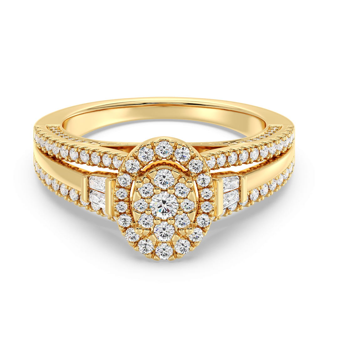 Oval halo split shank engagement ring with 1.29CTTW EF-VS lab-grown diamonds, set in 18K yellow gold.