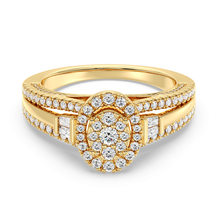 Oval halo split shank engagement ring with 1.29CTTW EF-VS lab-grown diamonds, set in 18K yellow gold.