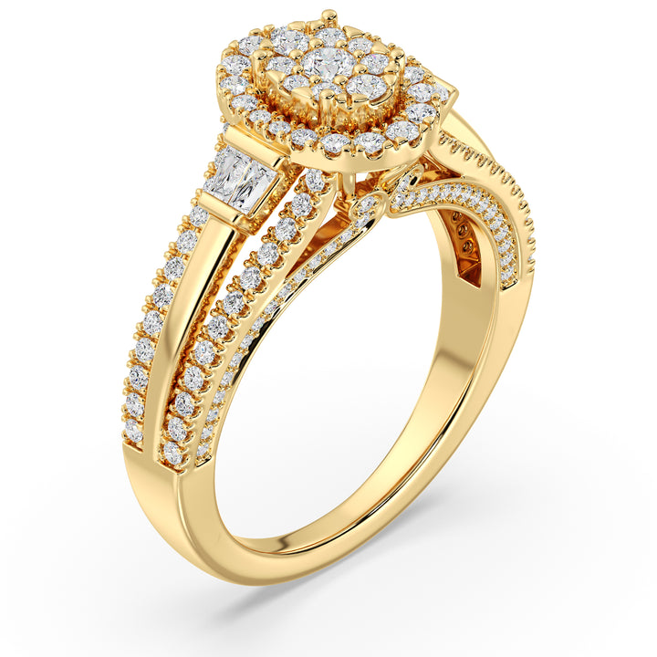 Oval halo split shank engagement ring with 1.29CTTW EF-VS lab-grown diamonds, set in 18K yellow gold.