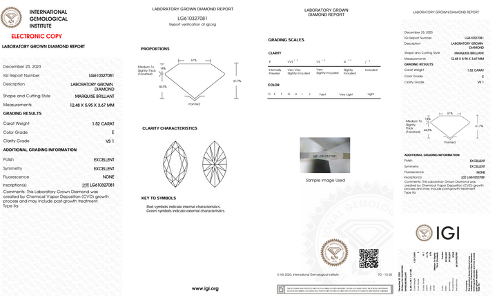 1,52 CT E Color VS1 Marquise Cut Lab-UpRown Diamond - IGI certifié