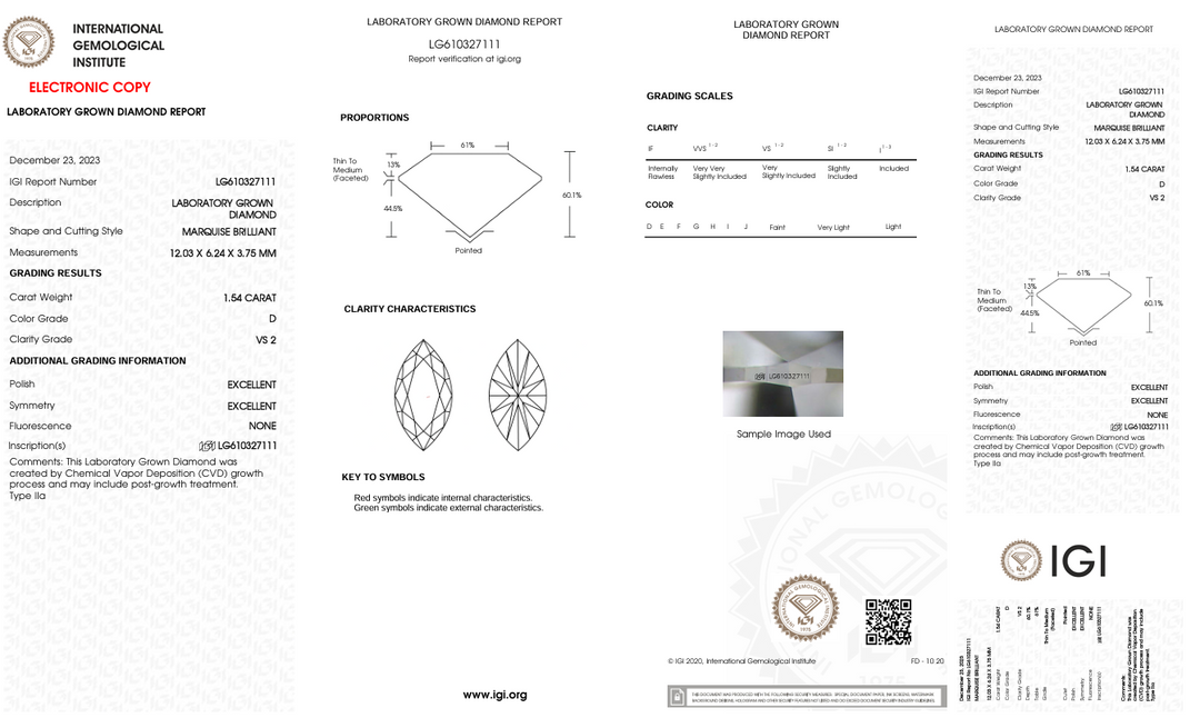 1.54 CT D Renk VS2 Markiz Kesme Laboratuar Yetişkin Elmas - IGI Sertifikalı