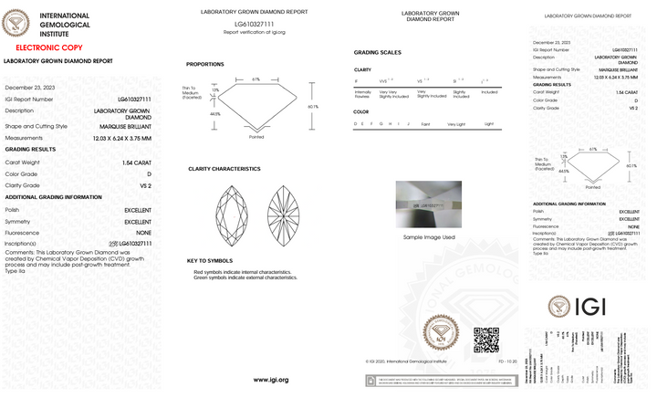 1.54 CT D Renk VS2 Markiz Kesme Laboratuar Yetişkin Elmas - IGI Sertifikalı