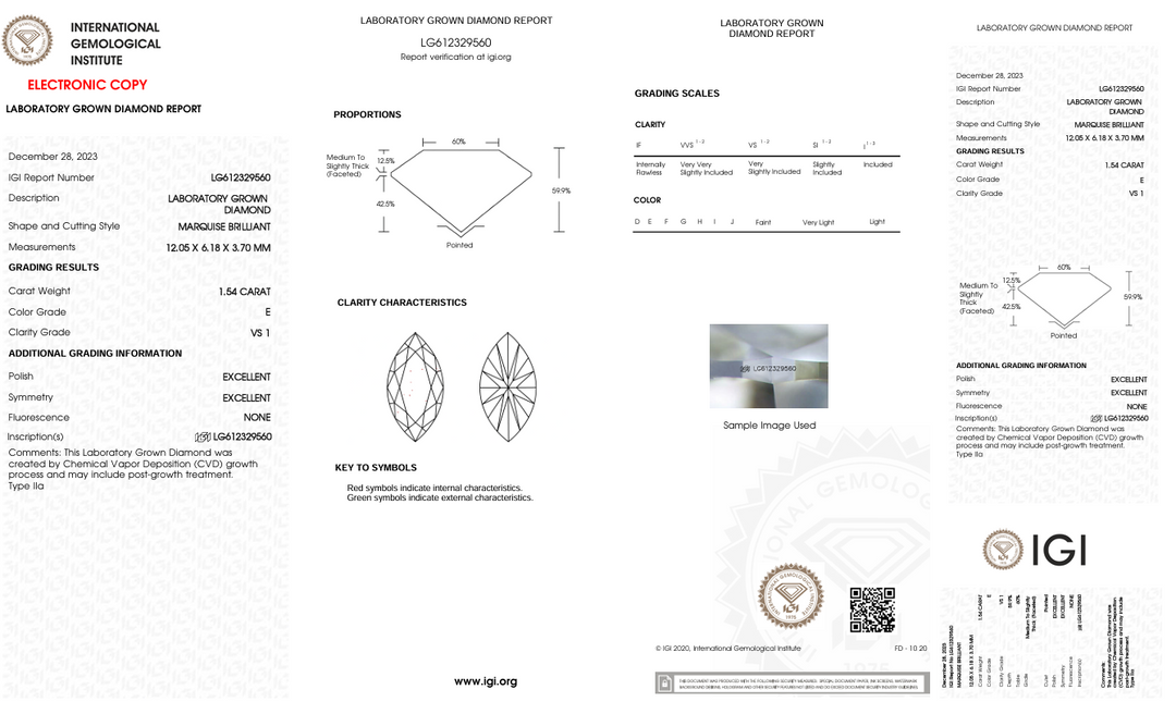 1,54 Ct E Color vs1 Marquise Cut Lab, выращенное Diamond - IGI сертифицирован