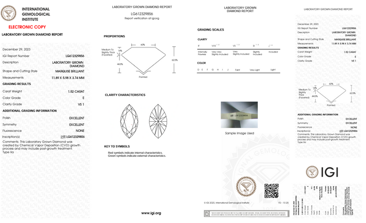 1,52 ct e color vs1 marquise вирізати лабораторію, що вирощується діамант - сертифікований IGI