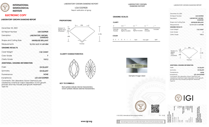 1,52 ct F Color vvs2 Marquise Cut Lab -вирощений алмаз - сертифікований IGI