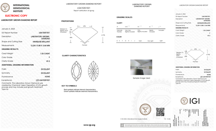 1.53 CT F RENK VS2 MARKISE CUT LAB GREWN DIANAME - IGI Sertifikalı