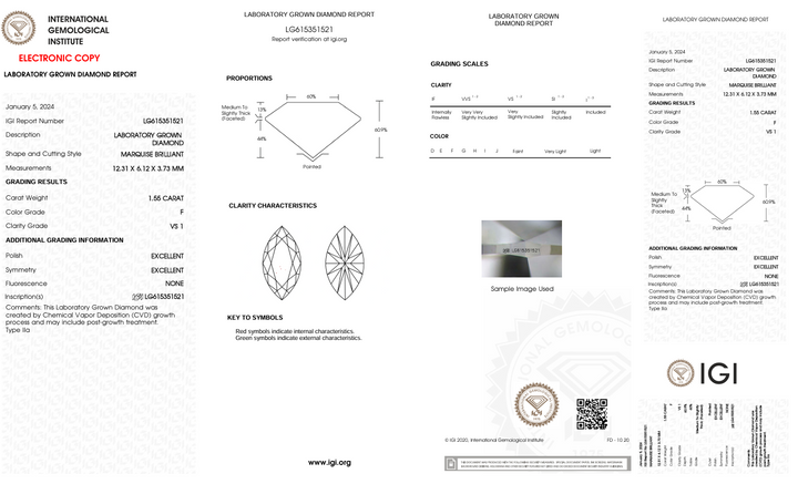 1,55 Ct F Color vs1 Marquise Cut Lab, выращенный бриллиант - Igi сертифицирован