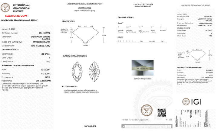 1,55 Ct F Color vs2 Marquise Cut Lab, выращенное бриллиантом - Igi сертифицировано