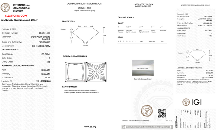 1,05 CT E Колір VS2 Princess Cut Cut Lab -Yourment Diamond - IGI сертифікований