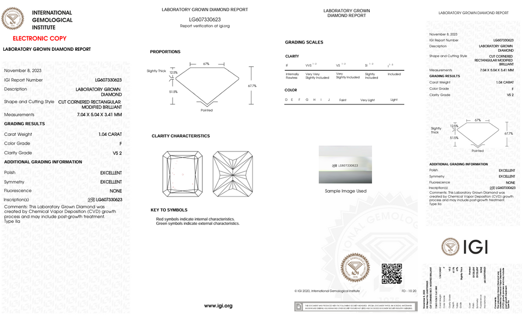 1,04 CT F Color vs2 Radiant Cut Lab -вирощений Diamond - IGI сертифікований