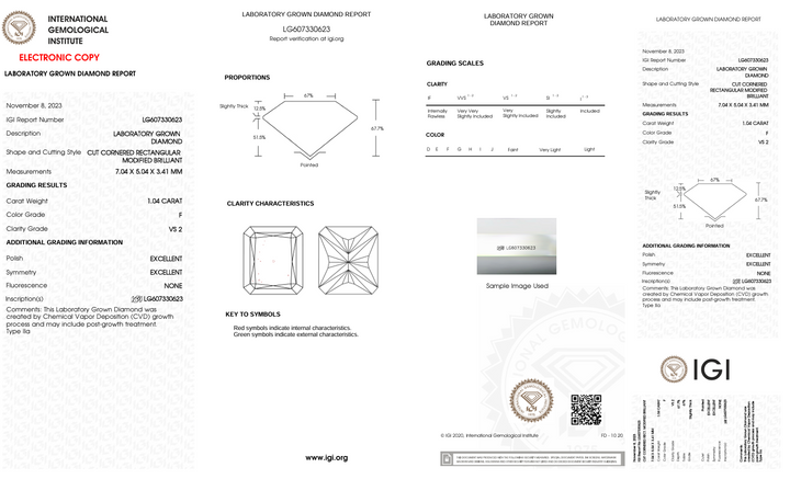 1,04 CT F Color vs2 Radiant Cut Lab -вирощений Diamond - IGI сертифікований