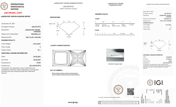 1,95 ct e color vs1 rincess cut lab -вирощений алмаз - сертифікат IGI