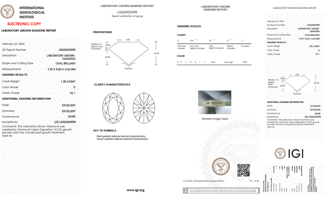 1,05 CT D Color VS1 Oval Cut Lab -вирощений алмаз - сертифікований IGI